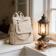 Sac à dos rétro en PU avec détails en pompon, grand espace de rangement et design respirant, poche zippée pour étudiants, professionnels et voyageurs - blanc cassé - Voir 2