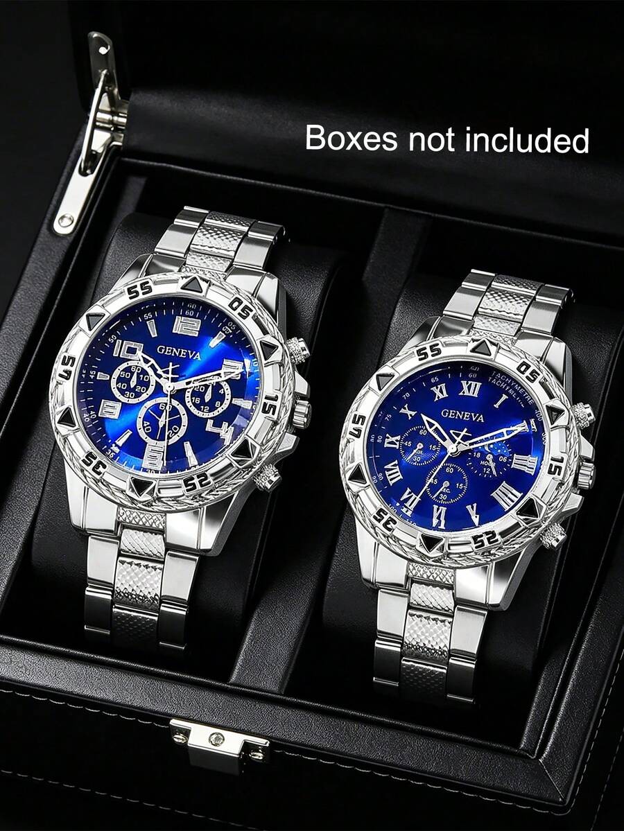 1pc/2pcs Set Minimalist Fashion Men's Hip-Hop Oversized Quartz Watch, Includes Blue Dial Steel Band Quartz, Daily Wear, Sports Casual, Running, Travel, Holiday Gift - Silver - View 1