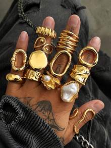 13pcs Fashion Minimalist Punk Hip Hop Old Money Style Chunky Faux Pearl Geometric Gold Rings Set For Men, Beach Vacation, Date, Daily Commute, Versatile Gift For Boyfriend, Friend, Father - Yellow Gold - View 1