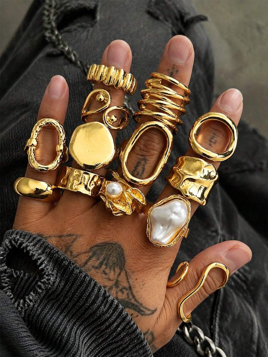 13pcs Fashion Minimalist Punk Hip Hop Old Money Style Chunky Faux Pearl Geometric Gold Rings Set For Men, Beach Vacation, Date, Daily Commute, Versatile Gift For Boyfriend, Friend, Father - Yellow Gold - View 1