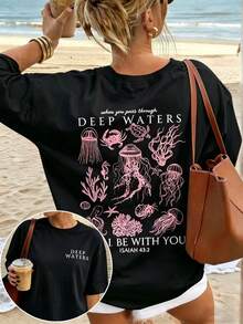 Cute Marine Life Print Women's Loose T-Shirt, Round Neck Short Sleeve Summer Top, Vintage Street Style Washed Cotton Graphic Tee For Vacation Daily - 黑色 - 查看 1