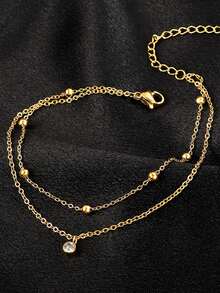 1pc Multi-Layer French Style Delicate Women's Anklet, Stainless Steel Material With Artificial Rhinestone Beaded Chain, Women's Daily Beach Vacation Layered Accessory Jewelry Gift (Random Number Of Beads) - Yellow Gold - View 4