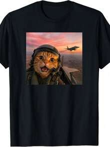 Vintage-T-Shirt mit coolem Pilotenkatzen-Design, perfekt für Selfies, geeignet für Zuhause, Outdoor-Aktivitäten, Arbeit oder als Geschenk (Geburtstag, Valentinstag). - Schwarz - View 1