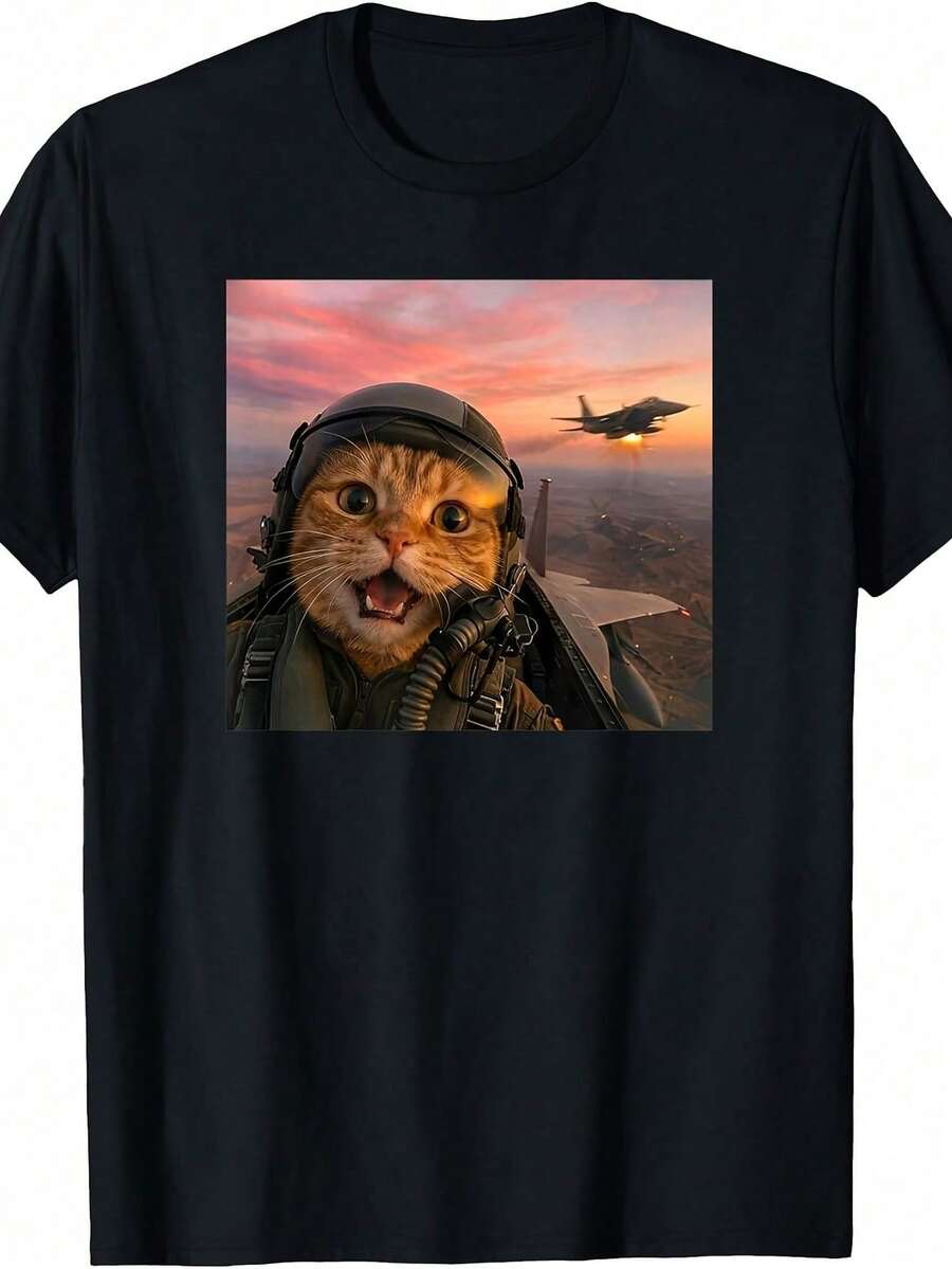 Vintage-T-Shirt mit coolem Pilotenkatzen-Design, perfekt für Selfies, geeignet für Zuhause, Outdoor-Aktivitäten, Arbeit oder als Geschenk (Geburtstag, Valentinstag). - Schwarz - View 1