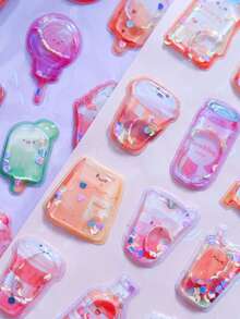 Creative Cartoon 3D Shaking Water Embossed Stickers, Cute Student Office Stationery Collage Stickers, Embossed 3D Cute Mixed Style Stickers - 彩色 - 查看 3