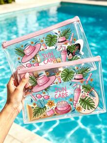 「Sun Protection」印花 PVC 化妝包，拉鍊式 PVC 旅行收納袋，輕量且耐褪色，TSA 合規易攜帶，易擦拭清潔，適合送給老師或朋友的禮物，也是學校假期旅行必備的防水盥洗包 - 彩色 - 查看 2