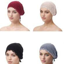 4pcs Lace Trim Tie-Up Base Caps - 1 Black + 1 Burgundy + 1 Light Khaki + 1 Dark Gray - View 2