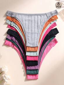 8 pièces Culottes de bikini sexy taille basse sans couture avec bande de taille à lettres pour femmes, sous-vêtements triangle en coton côtelé doux et respirant, lingerie confortable, convient pour le port quotidien, le sport, le yoga - Multicolore - Voir 2