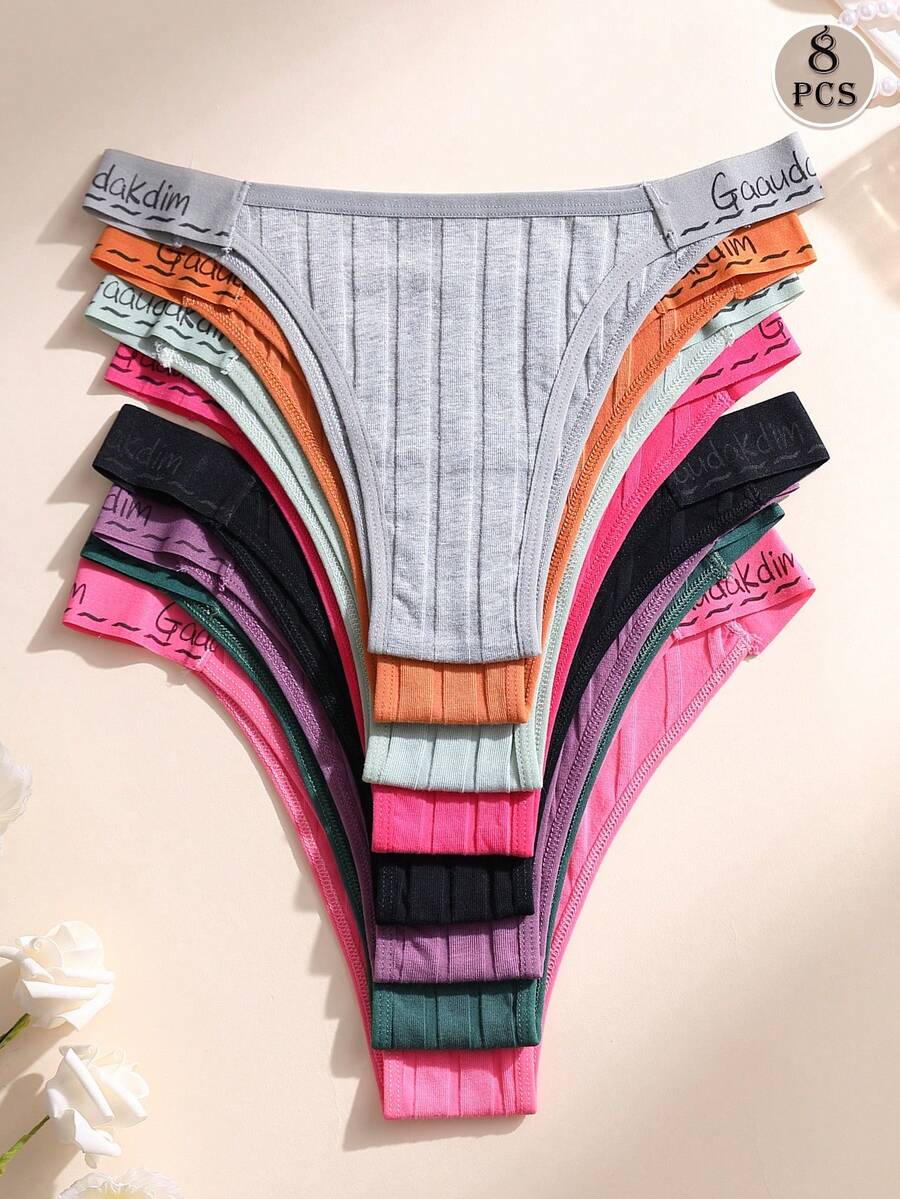 8 pièces Culottes de bikini sexy taille basse sans couture avec bande de taille à lettres pour femmes, sous-vêtements triangle en coton côtelé doux et respirant, lingerie confortable, convient pour le port quotidien, le sport, le yoga
