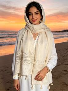 1pc Women's Solid Color Lace Tassel Long Versatile Scarf, High Quality Shawl - White - View 5