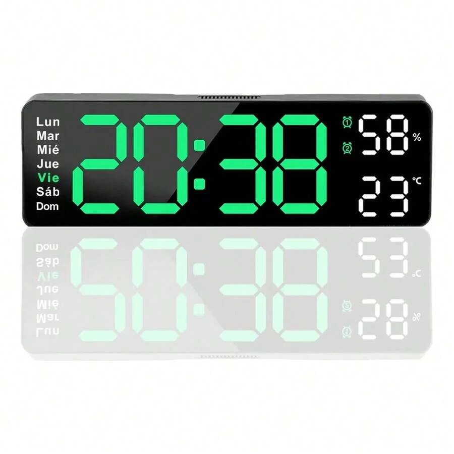 Digital Wall Clock With Thermometer, Alarms And Calendar - Green - View 1