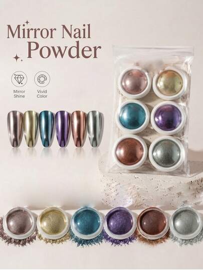 Set 6 Buah Nail Art Warna Morandi Emas, Perak, dan Cermin dengan Dekorasi Glitter dan Bubuk