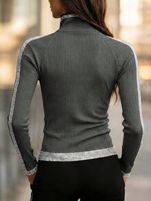European Style Silver Glitter Zipper Cardigan Black High Neck Slim Fit Knit Sweater Party Streetwear Eye-Catching Top - Grey - View 2