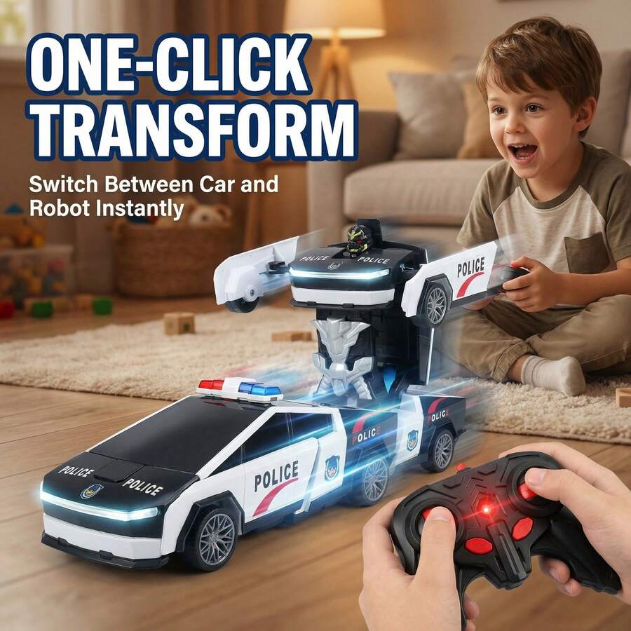 Mainan Mobil Stunt Elektrik Polisi Realistis dengan Kontrol Jarak Jauh, Robot Transformasi Sekali Klik, RC Fungsi Penuh 2.4GHz, Efek Lampu dan Suara Realistis, Drift Rotasi 360°, Tahan Lama, Cocok Sebagai Hadiah untuk Anak Laki-Laki dan Perempuan Usia 6 Tahun ke Atas, Baterai Kontrol Jarak Jauh Tidak Termasuk - MultiWarna - View 1