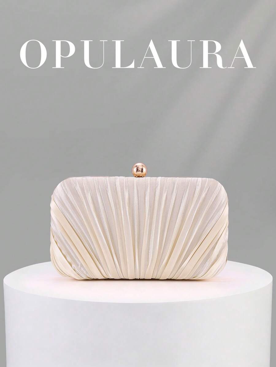 OpulAura 復古優雅緞面晚宴手拿包,百褶設計時尚晚禮服包,迷人精緻正式派對手提包,高端方盒小包,適合女性派對/婚禮/正式場合晚餐,附鏈條可肩背/斜跨 - 杏色 - 查看 1