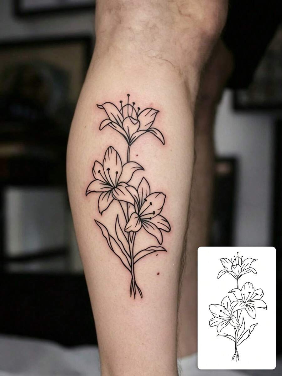 1 Sheet Delicate Black Thin Stroke Three Lilies Temporary Tattoo Sticker, Slim Vertical Branch Design Fake Tattoo, Waterproof Sweatproof Elegant Leg Forearm Sticker - Black - View 1