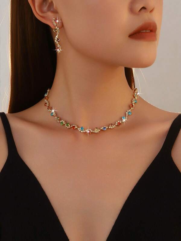 2pcs/Set Vacation Party Style Alloy Rhinestone Rainbow Mixed Color Wave Twisted V-Neck Jewelry Set, Women's Colorful Evening Dress Eye-Catching Accessories, Women's Necklace, Women's Earrings, Women's Accessories, Women's Jewelry Set