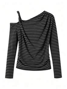 Women's Long Sleeve Cable Knit Off-Shoulder T-Shirt, Summer New Style, Elegant Slim Fit Versatile Retro Flattering Top - Stripe - View 5