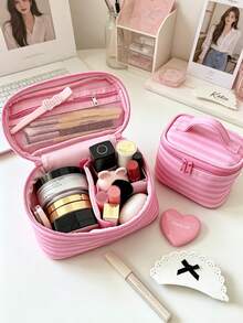 Y2K Cute Makeup Bag With Built-In Mirror Pink Striped Cosmetics Bag Mini & Large Handheld Travel Cosmetic Bag Wash Bag For Lip Gloss Skincare Brushes - Watermelon Pink - View 3