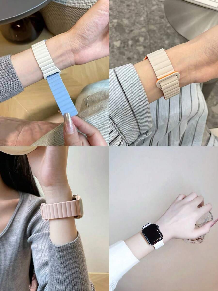 1 pieza Correa de silicona magnética con bloques de color para Apple Watch S11/S10/S9/S8/S7/S6/S5/SE, banda magnética fuerte de silicona líquida, estilo de nicho de verano para hombres y mujeres