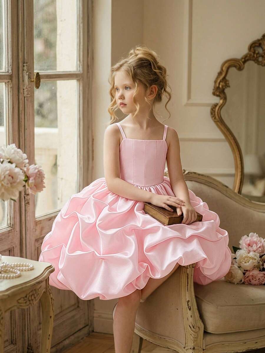 Young Girls Spaghetti Strap Pleated Satin Birthday Puff Princess Dress Suitable For Wedding, Headband Not Included