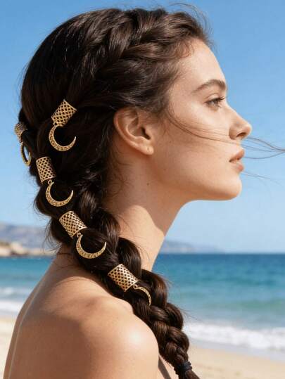 Women's Hair Accessories - Hollow Bohemian Style Hair Ties, Vintage Metal Braided Hair Clips (With Shiny Moon And Round Ring Decor), Suitable For Festivals, Parties And Daily Wear; Also For Ramadan Parties, Y2K Hip Hop Braided Hairstyles, Desert Vacation Travel Photos, Dreadlock Decoration Rings, Campus Dates And Holiday Gifts, Travel Outfits