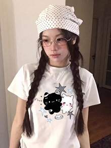 Y2K可愛黑白貓星星印花白色女款T恤，日系甜美女孩風寬鬆短袖上衣，學生夏季休閒上衣 - 白色 - 查看 2