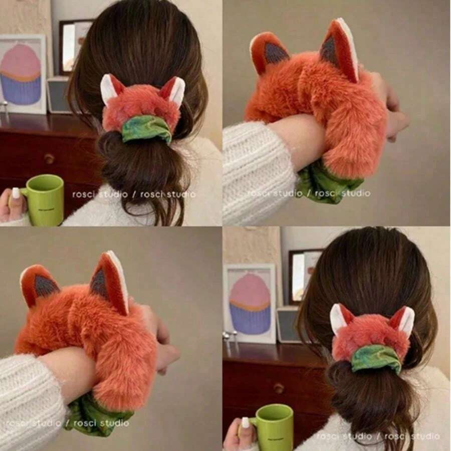 1pc/2pcs Plush Cartoon Fox/Rabbit Hair Scrunchies, Cute Plush Ponytail Hair Ties - Multicolor - View 1