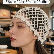 1pc Beach Casual Elegant Solid Color Faux Pearl Tassel Hollow Knit Sun Hat - Multicolor - View 8