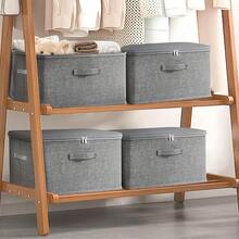 Thickened Linen Foldable Storage Box With Lid, Sturdy Handle Stackable Closet Storage Bin, Dust Moisture Proof Clothes Quilt Toy Book Organizer, Multifunctional Home Storage Container For Wardrobe Bedroom Kitchen Living Room,Bedroom Room Decor,Back To School - Grey - View 8