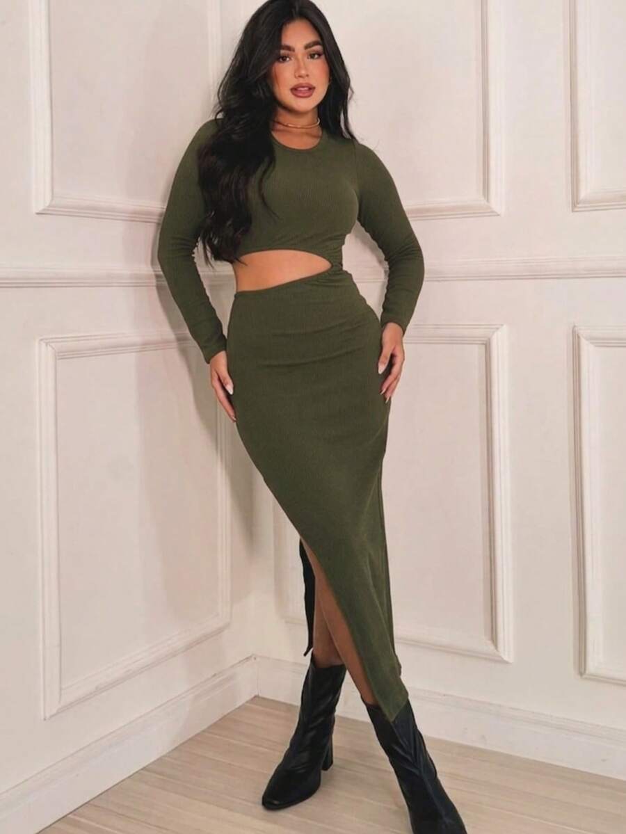 Women's Long Dress With Long Sleeves, Slit, And Side Detail - 軍綠色 - 查看 1