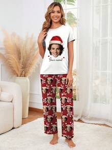 Custom Women's Short Sleeve Pajama Set, Can Print Any Pattern, Personalized Pajamas With Photo, Fun Custom Image Comfortable Sleepwear. Suitable For Christmas, Birthday, Gift-Giving And Other Occasions - White - View 3