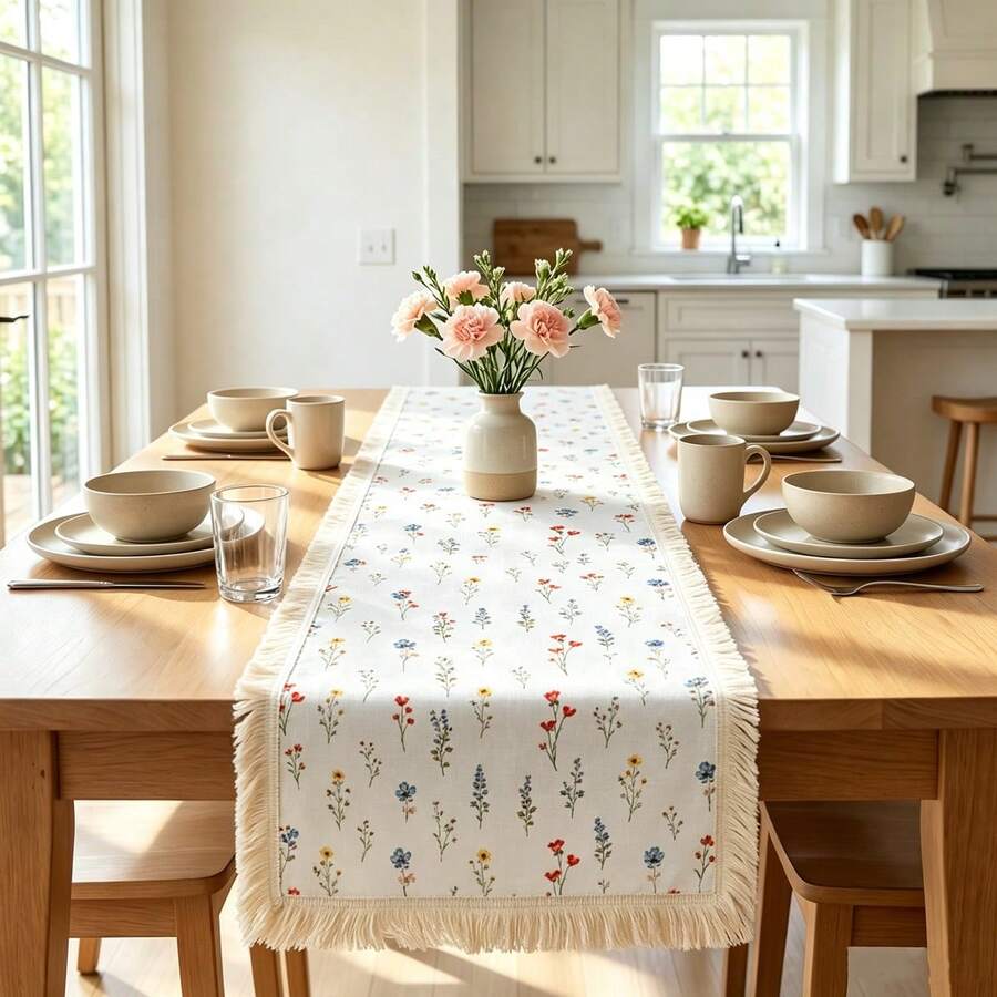 1/16PCS Pastoral Minimalist Floral Print Tassel Lace Table Runner, Suitable For Weddings, Parties, Banquets, Gatherings, Outdoor And Daily Use, Party Table Runner, Banquet Table Runner Decoration - White - View 1