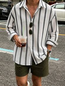 Mercer Haus Men's Striped Long Sleeve Single-Breasted Pocket Loose Casual Shirt, Autumn Style - White - View 3