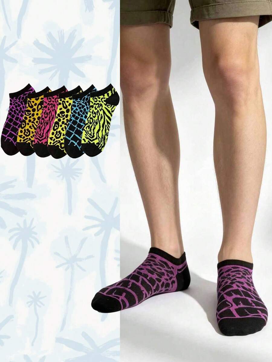 6 pares de calcetines cortos de corte bajo con estampado de leopardo en colores aleatorios para mujer, lindos, versátiles, de moda, simples, cómodos, suaves, adecuados para uso diario, primavera/verano/otoño - Multicolor - Ver 1
