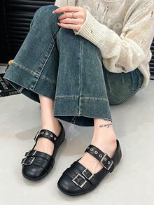 1 Pair Buckle Flat Square Toe Low-Top Shoes - Black - View 2
