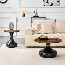 Boho-Style Coffee Table Set (2-Piece)/Melamine Tabletop, Coffee Table With Metal Base/Rustproof And Stable, Stackable/Suitable For Living Room, Bedroom And Office - Walnut Wood + Black - View 3