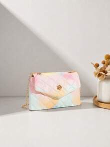 1 buah Tas Selempang Rantai Lipat Kasual Berbahan Quilted untuk Anak Perempuan, Tas Bahu Kecil, Cocok untuk Penggunaan Sehari-hari dan Liburan, Pilihan Hadiah yang Ideal - Warna pewarna dasi - View 4