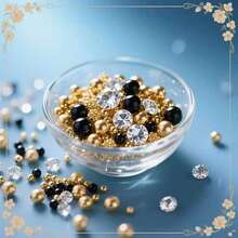 200g Artificial Floating Non-Porous Pearls For Vase Filler, 10mm/16mm/20mm Mixed Sizes, For Vase Decoration, Wedding Decor, Vase Filler, Floating Candle Decoration, Home Center Table Decor, Suitable For DIY Wedding, Birthday, Theme Party, Valentine's Day Decor, Halloween Decor And Christmas Center Decor - Bright Gold + Black + Diamonds - View 3