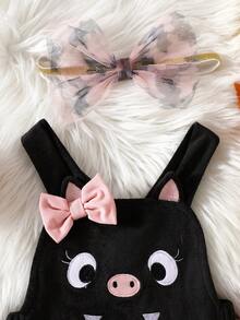MYVLNA Baby Girl Halloween Cute Black Bat 3D Applique Embroidery Expression All-Over Print Bat Mesh Romper + Pink Matching Mesh Headband - Multicolor - View 5