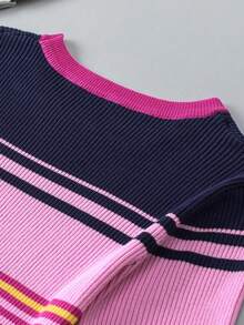 Acelitt Summer Pink Mixed Color Striped Ribbed Crew Neck Knit Top - Multicolor - View 10