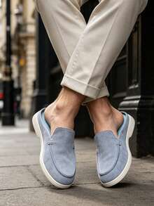 Mocasines tipo mule de ante para hombre, zapatos de caminar estilo británico sin cordones, mocasines de lujo color caqui, mocasines planos casual de negocios - Caqui - Ver 7