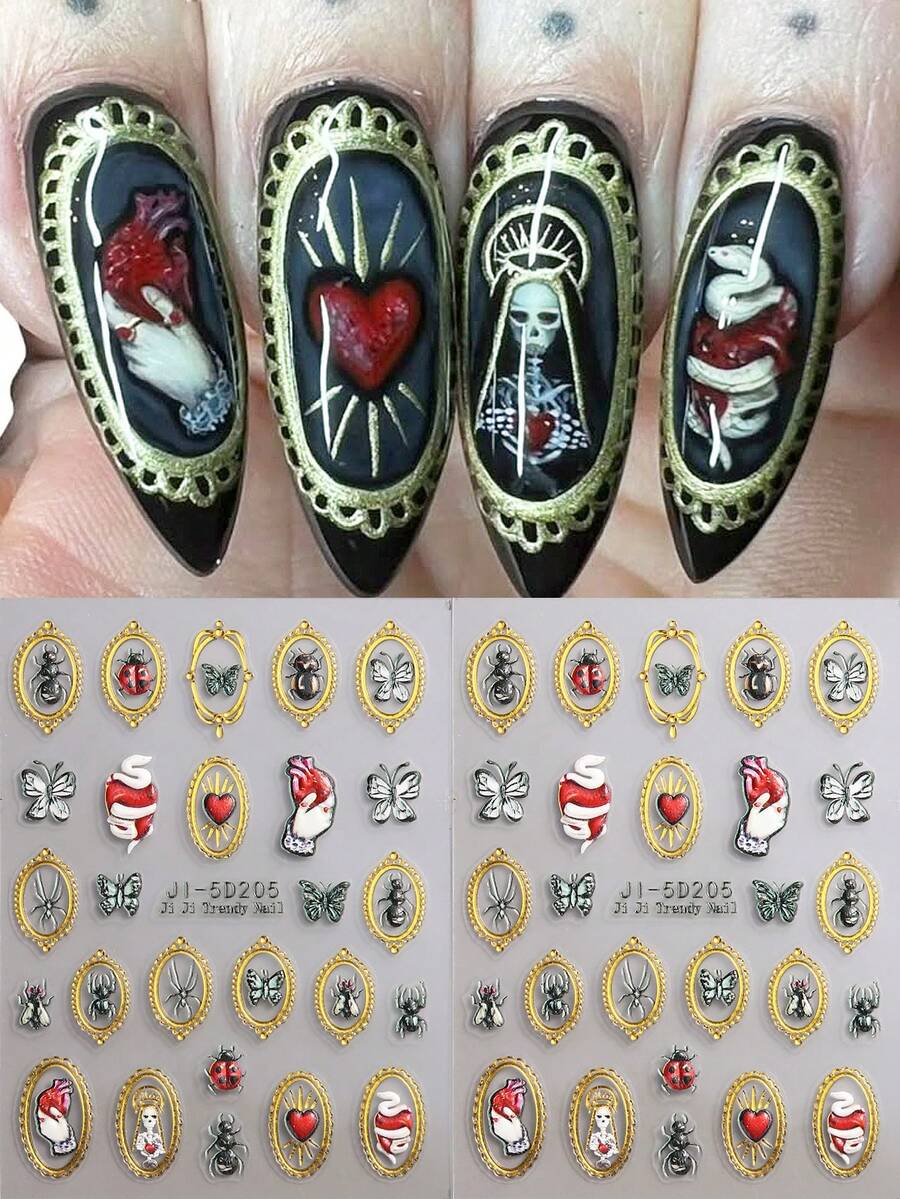 Ladybug Spider Butterfly Ant Gothic Frame Nail Art Stickers 5D Insect Theme Relief Design Y2K Halloween Heart Skull Horror Nail Art Decoration Nail Art Decor DIY Supplies - Multicolor - View 1