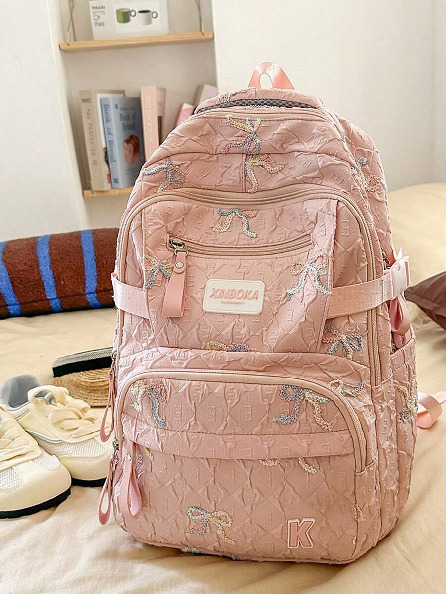 LECEY Mochila de gran capacidad portátil de mujer con estampado de letras en denim - Rosa - Ver 1