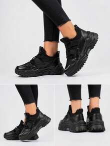 Lace-Up Platform Sneakers, Sports Shoes, Slip-On + Laces, Imitation Leather, Thick Sole. - Black - View 2