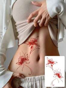 1 Sheet Soft Red Fade Shading Twin Spider Lily Temporary Tattoo Sticker, Elegant Flowing Curve Petal Fake Tattoo, Waterproof Body Sticker For Vacation, Daily Wear & Dating - Red - View 1