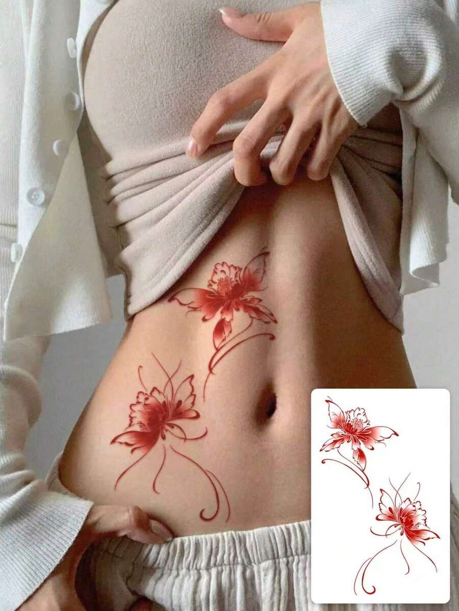 1 Sheet Soft Red Fade Shading Twin Spider Lily Temporary Tattoo Sticker, Elegant Flowing Curve Petal Fake Tattoo, Waterproof Body Sticker For Vacation, Daily Wear & Dating - Red - View 1
