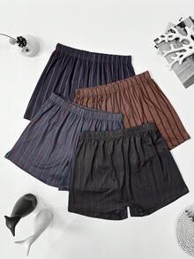 4pcs Men's Striped Print Pattern Allover Shorts, Summer Thin Breathable Casual Comfortable Home Sleep Shorts, Elastic Loose Fit, Multi-Color Combo Set - Multicolor - View 2