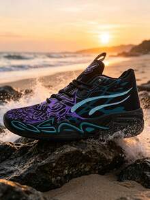 1 Pair Black & Purple Camo Graffiti Dream Basketball Shoes, Campus Style Basketball Game Shoes, Training Shoes, Wear-Resistant, Non-Slip, Shock-Absorbing, Soft & Bouncy, Breathable, Comfortable - Black - View 10