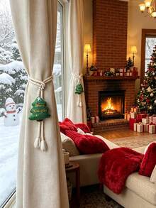2pcs/Pack Christmas Cotton Rope Curtain Tiebacks, Reindeer / Santa Claus / Christmas Tree / Christmas Stocking / Snowman / Bow Bell Tassel Holiday Curtain Tie-Backs - Christmas Edition - View 10